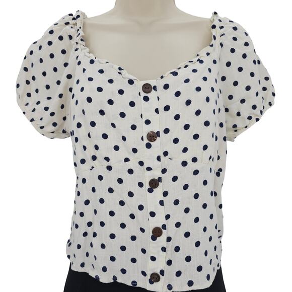 Monteau Los Angeles Womans size XL Polka Dot Puff Sleeve Linen Blend Blouse NWOT - Picture 1 of 8
